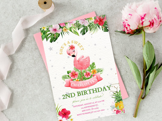 Editable Flamingo Birthday Invitation, Tropical Pool Party (Instant Download)