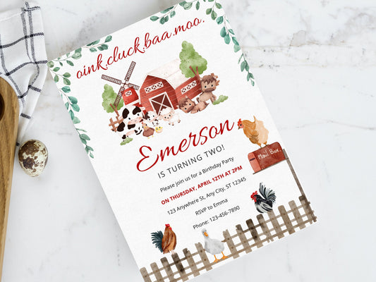 Farm Animals Birthday Party Invitation Template (Digital Download)