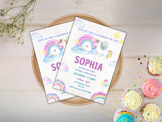 Editable Unicorn Rainbow Birthday Invitation, Girls Party (Digital Download)