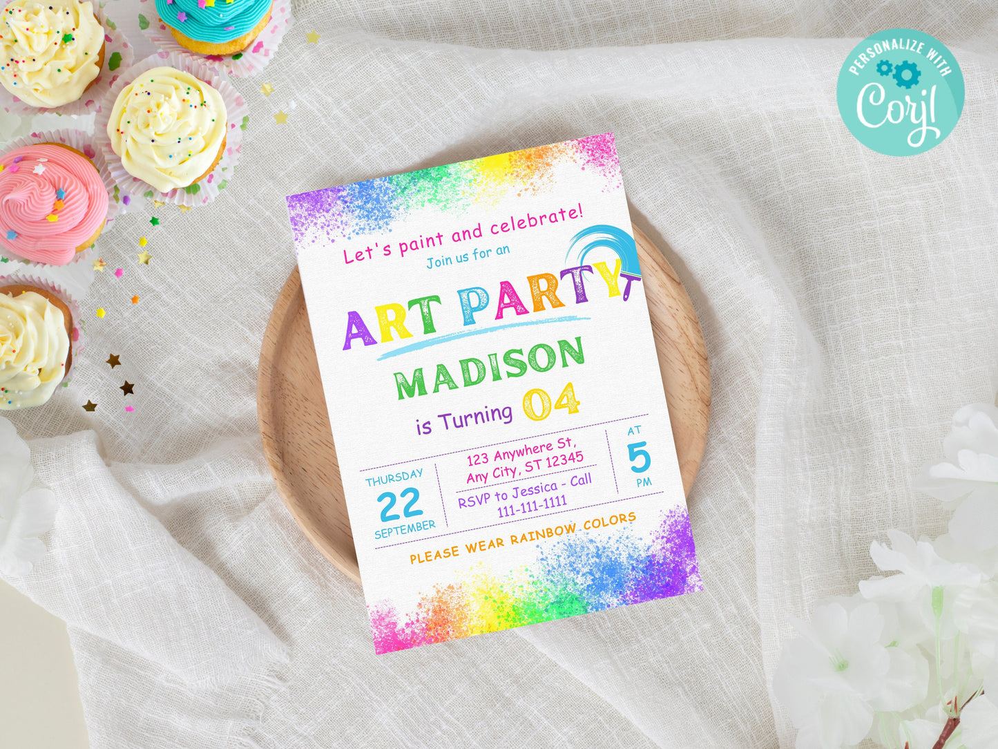 Invitation pour une fête de peinture colorée, thème arc-en-ciel (modifiable, téléchargement instantané)