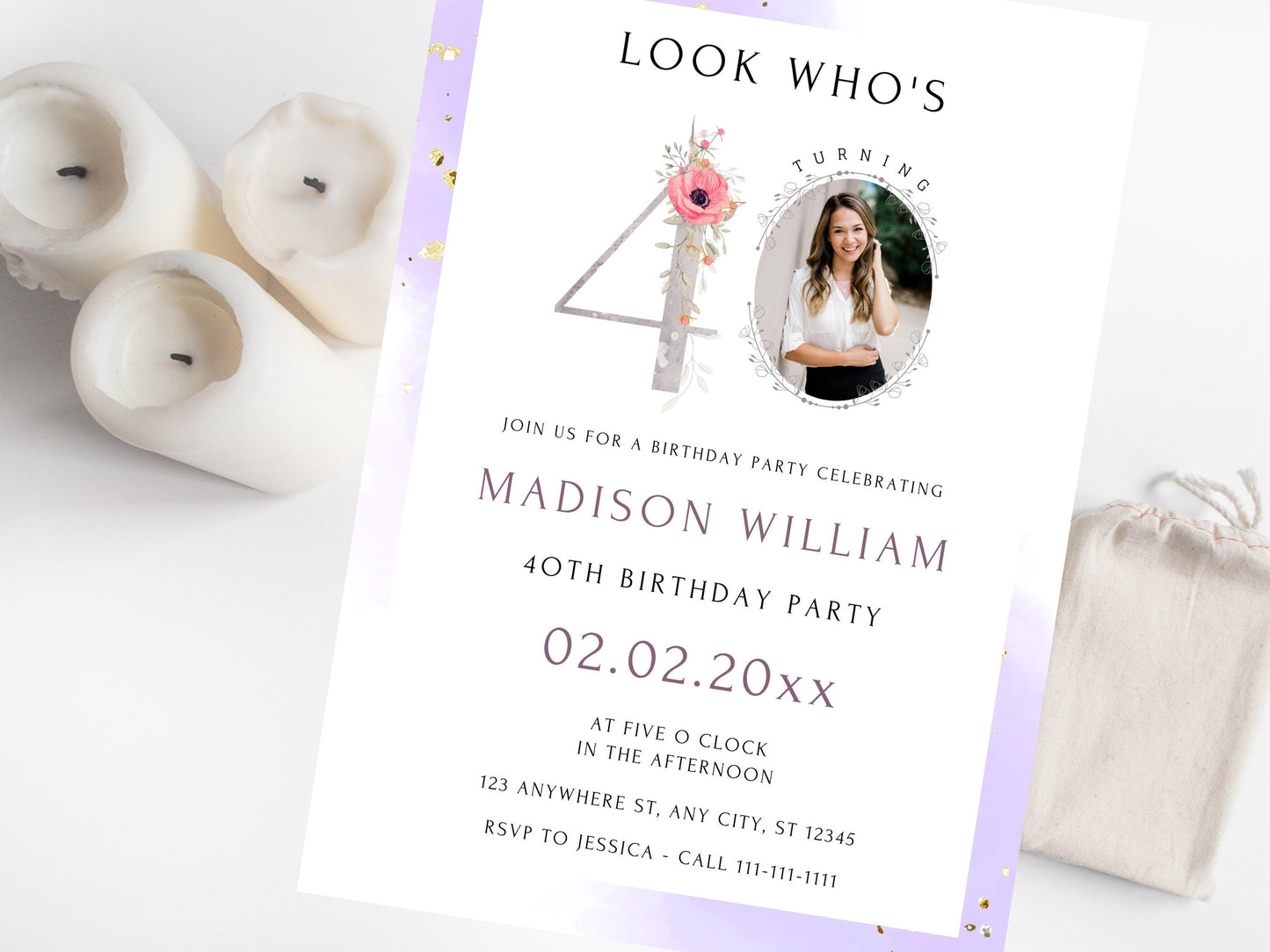 Modèle d'invitation photo pour le 40e anniversaire d'une femme (Canva modifiable)