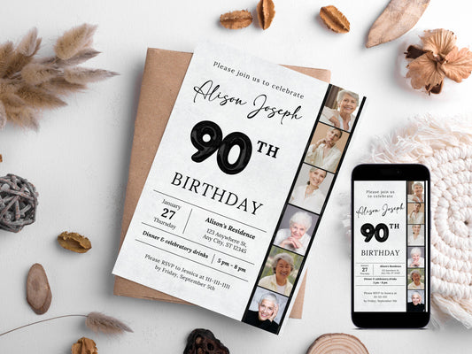 90th Birthday Invitation Template with Photo (Digital Download)