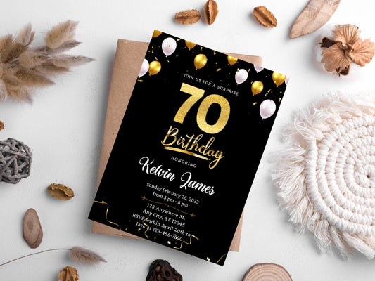 Black and Gold 70th Birthday Invitation Template (Editable Canva Template)