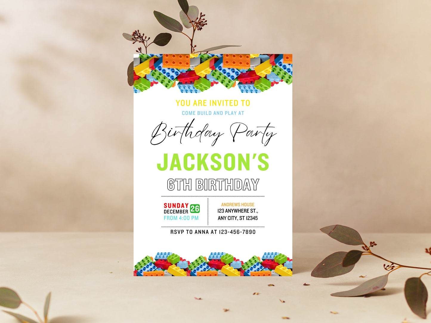 Geburtstagseinladung mit Bausteinen, bearbeitbare Einladung zur Kinderparty (digitaler Download)