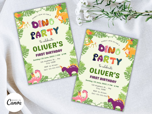 Dinosaur Birthday Invitation Template: Editable Dino Party Invite (Canva Template)
