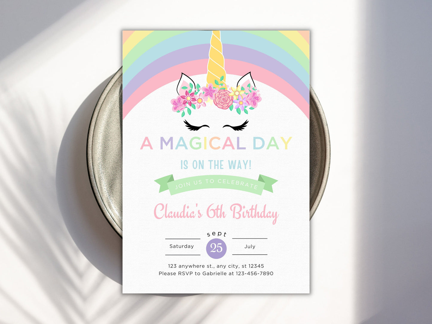 Pastel Rainbow Unicorn Birthday Invitation Template (PDF)