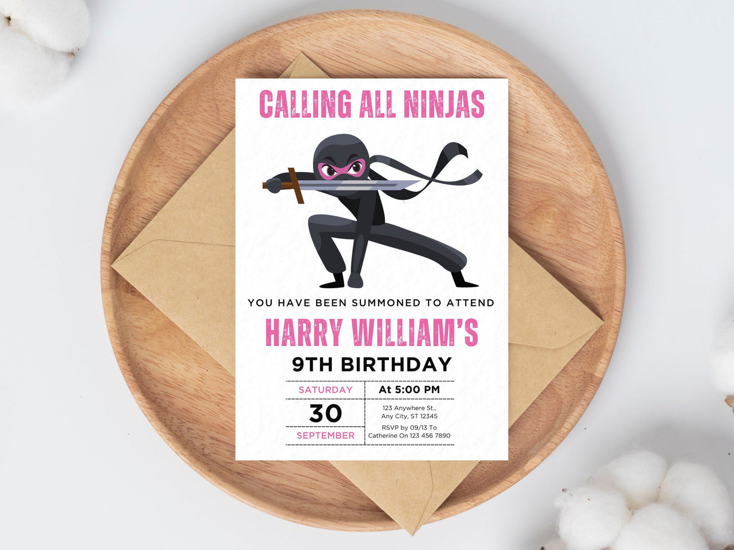 Ninja Birthday Invitation, Editable Canva Template (Digital Download)