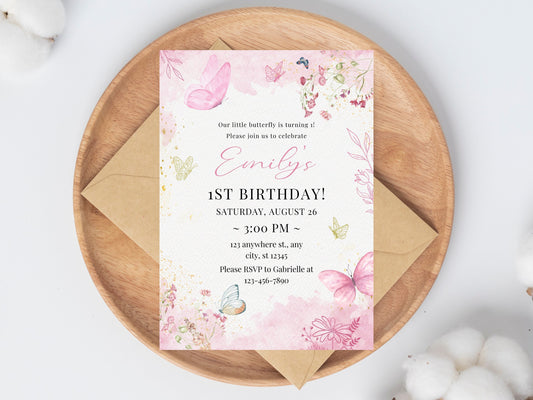 Butterfly 1st Birthday Invitation, Girl Party, Pink Floral (Digital Download)