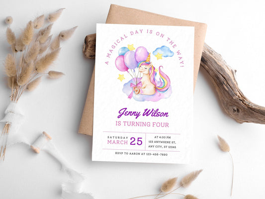 Unicorn Birthday Invitation Template, Pastel Rainbow, Magical Party (Digital Download)