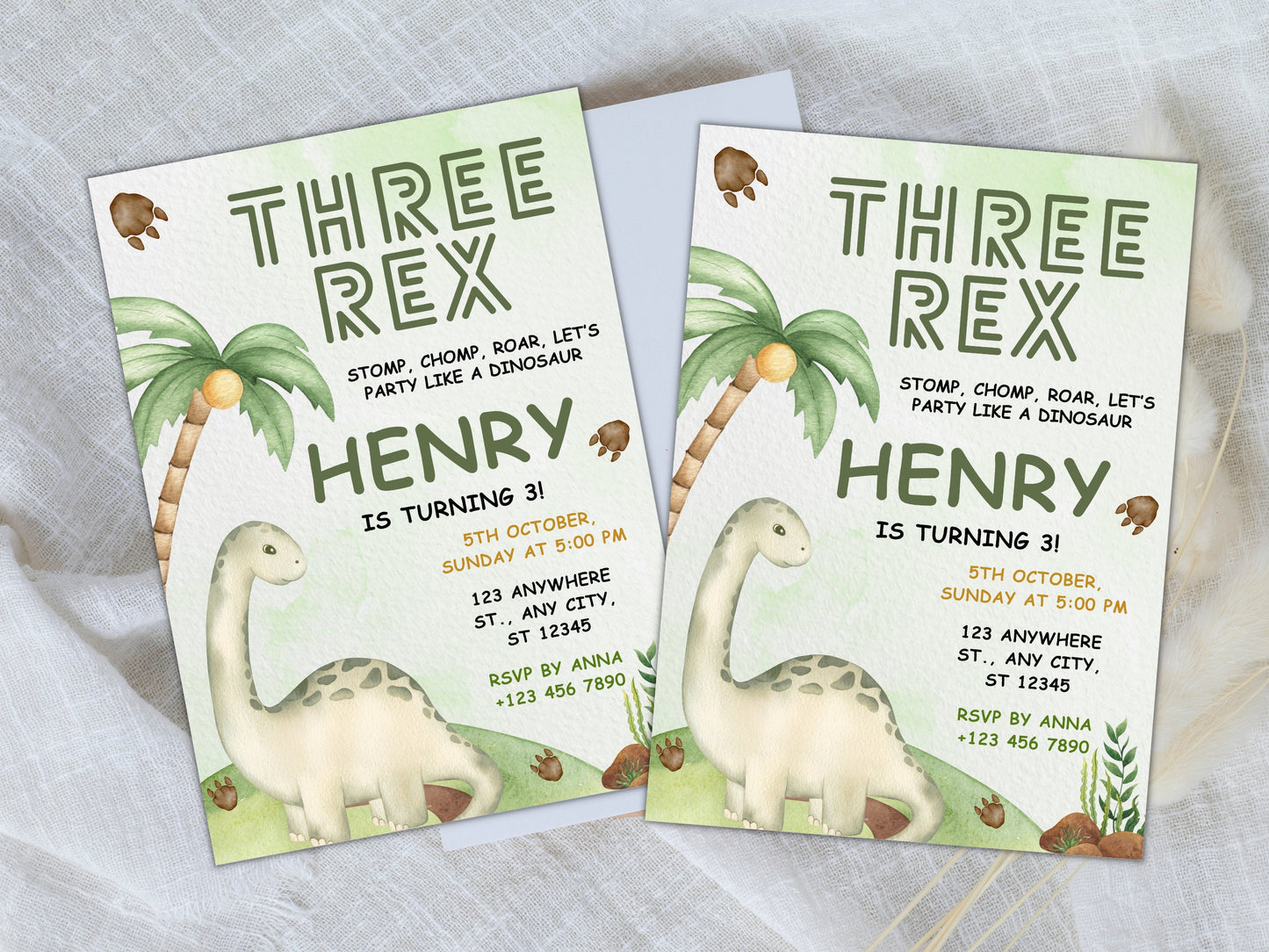 Bearbeitbare Einladungsvorlage für eine Geburtstagseinladung mit Rex-Motiv, Dinosaurier-Einladung (Sofort-Download)