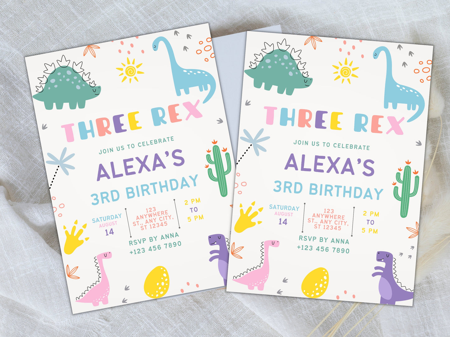 Bearbeitbare Einladungsvorlage für einen Drei-Rex-Dinosaurier-Geburtstag (Digitaler Download)