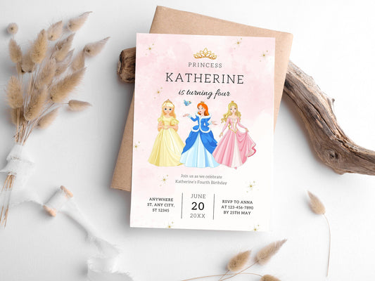 Editable Princess Birthday Invitation Template (Canva)