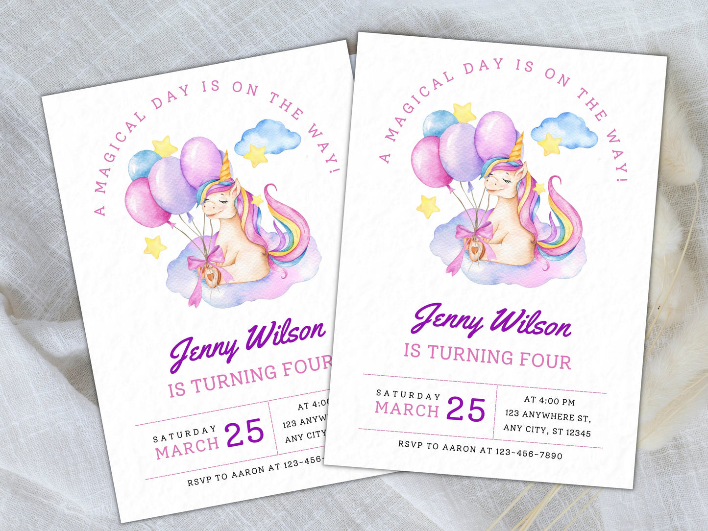 Unicorn Birthday Invitation Template, Pastel Rainbow, Magical Party (Digital Download)