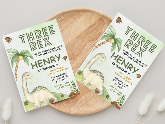 Editable Three Rex Birthday Invitation Template, Dinosaur Invite (Instant Download)