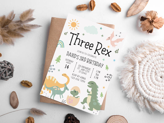 Editable Three Rex Birthday Invitation, Dinosaur Invite (Digital Download)