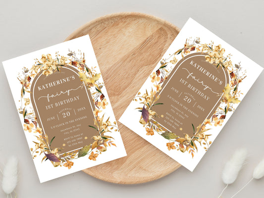 Fall Fairy 1st Birthday Invitation Template, Editable Wildflower Design (PDF)