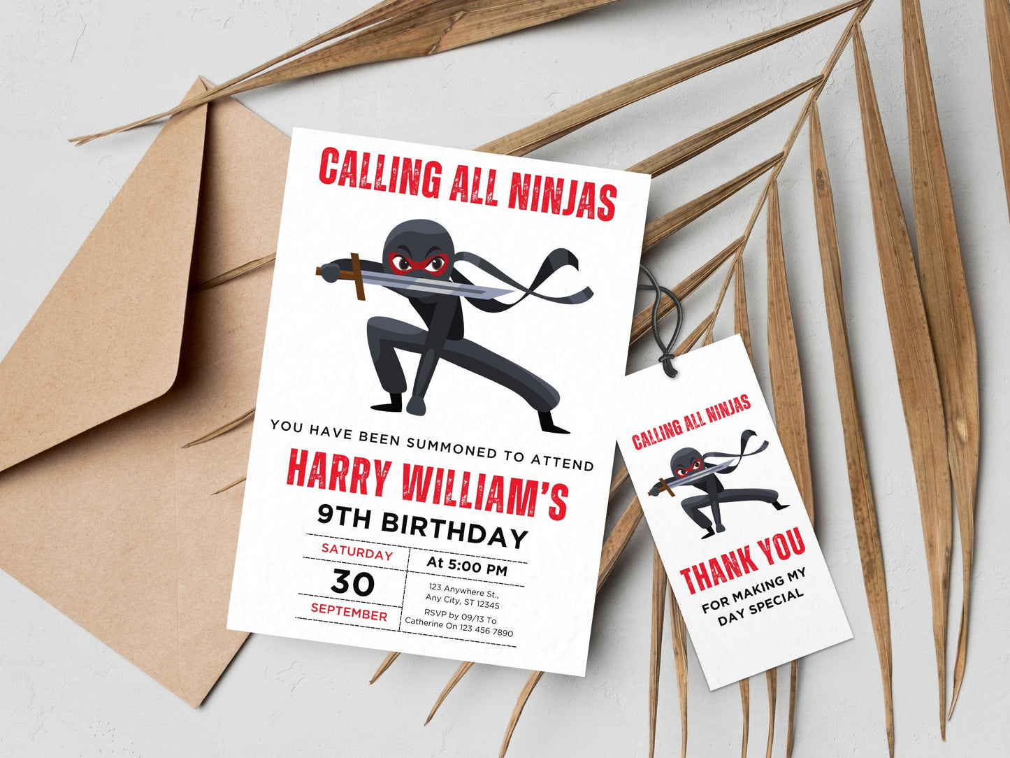 Ninja-Geburtstagseinladung, bearbeitbare Karate-Party-Vorlage (Canva)