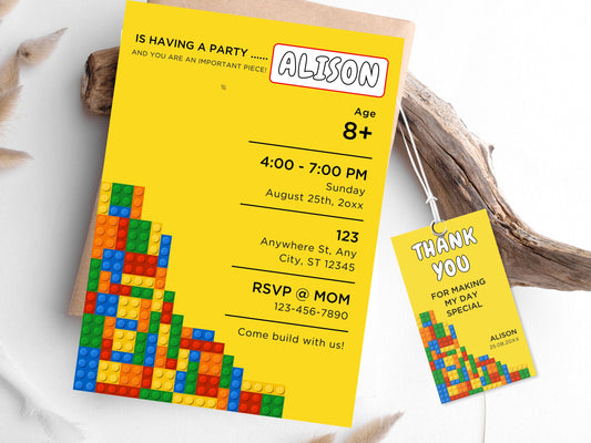 Building Blocks Birthday Invitation, Editable Canva Template (Digital Download)