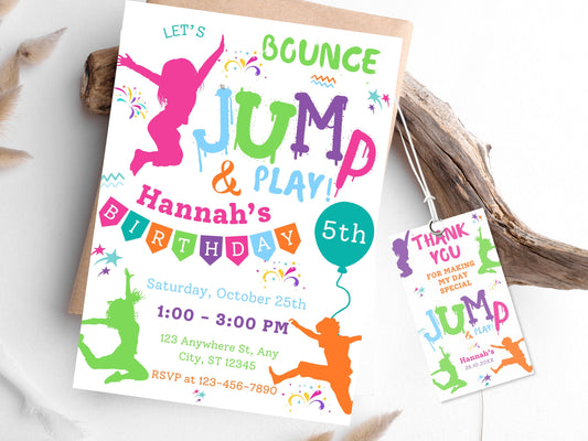 Trampoline Birthday Invitation, Tie Dye Jump Party (Editable Template)