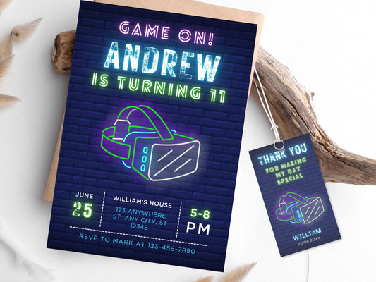 VR Birthday Invitation, Gamer Boy, Neon Design (Digital Download)