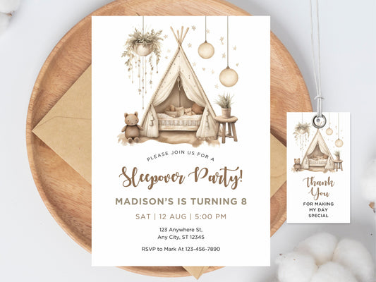 Boho Slumber Party Invitation Template, Sleepover Birthday (Corjl Template)