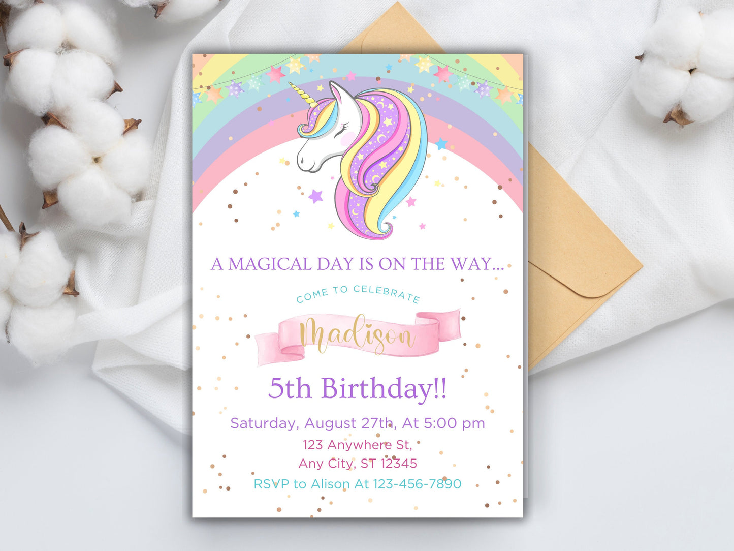 Rainbow Unicorn Birthday Invitation Template, Floral Party Invite (Digital Download)