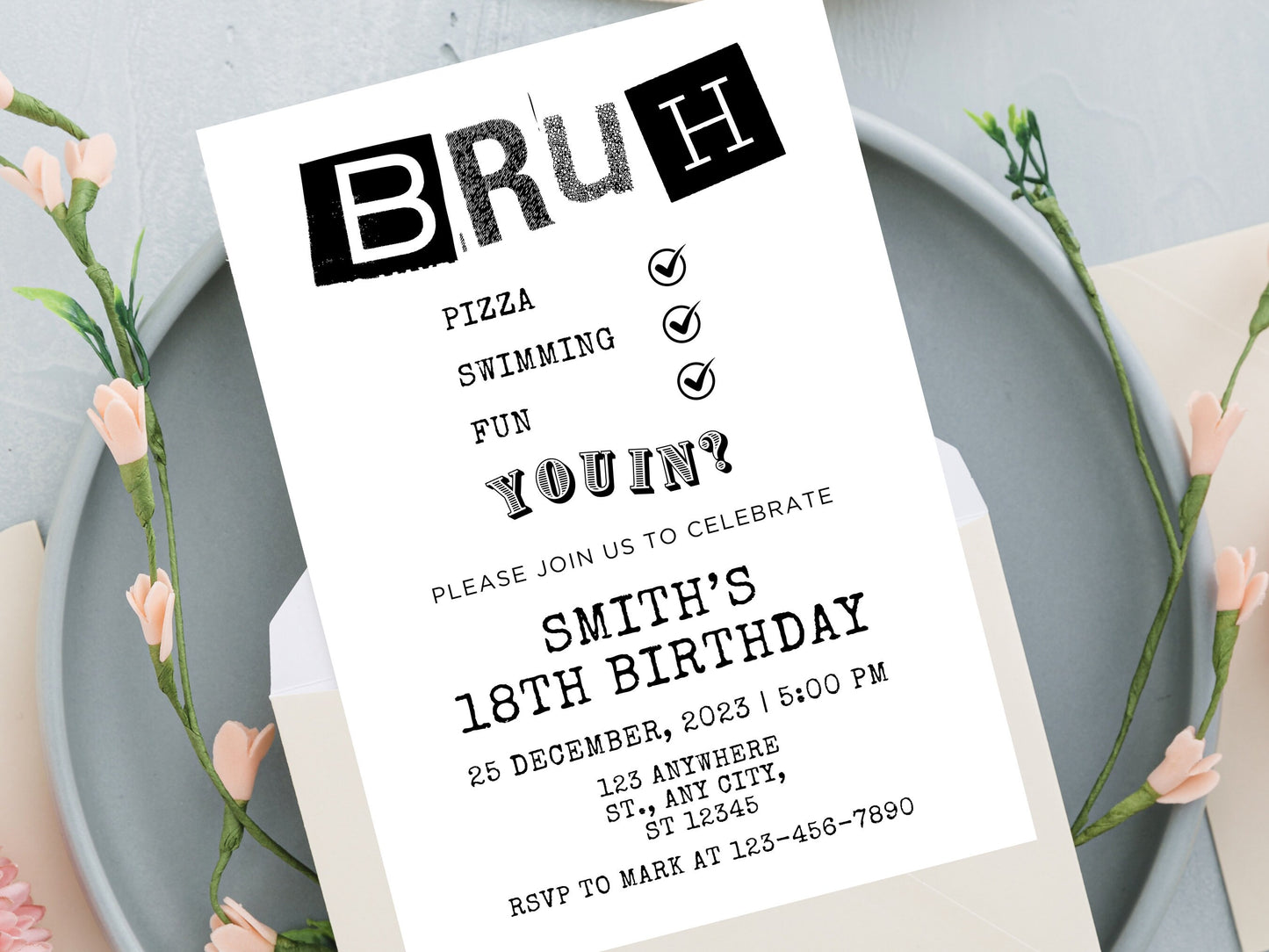 Vorlage für eine Geburtstagseinladung für Brüder, Schwarz-Weiß-Party (Digitaler Download)