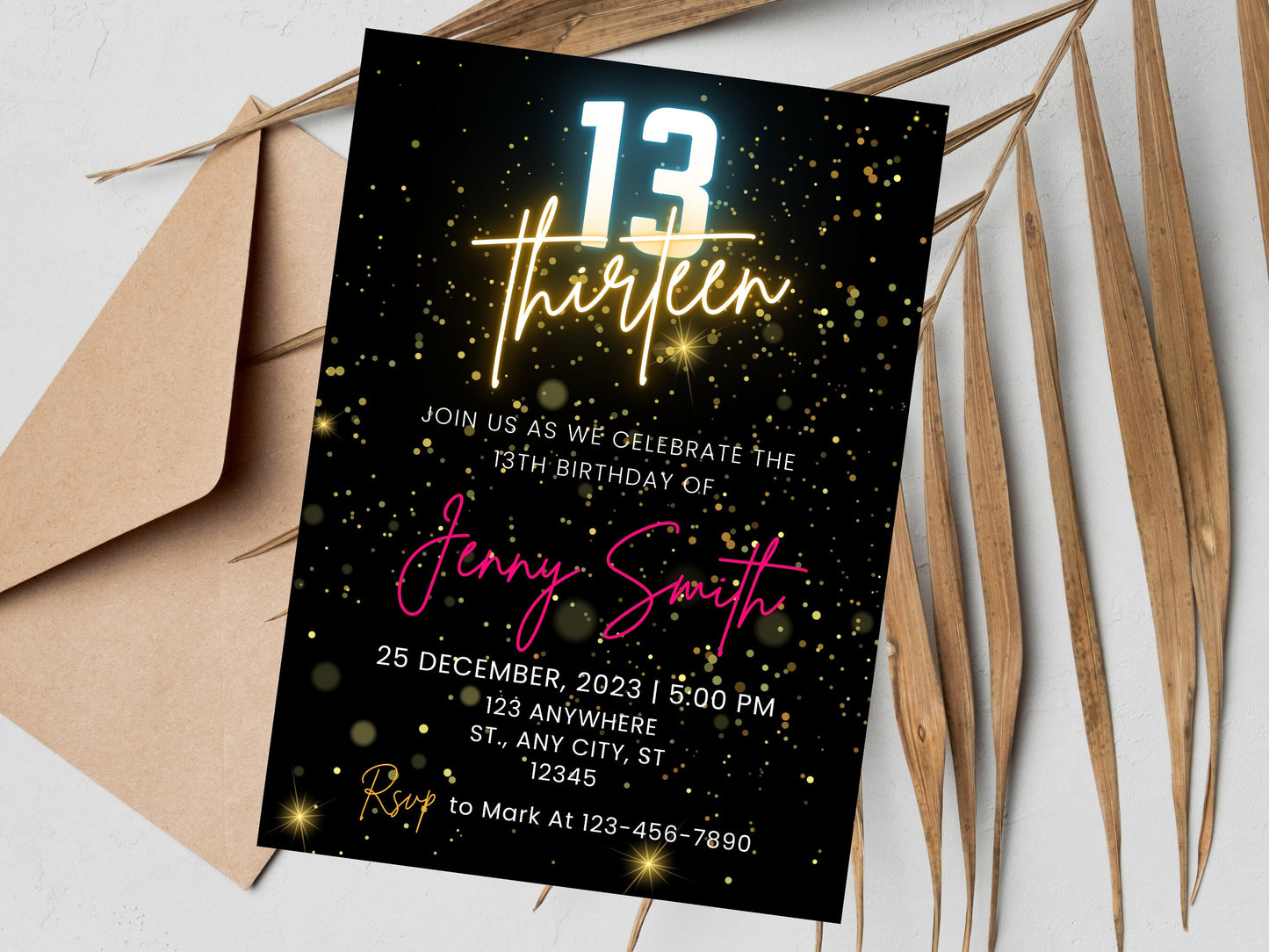 Bearbeitbare Neon-Einladung zum 13. Geburtstag, pinkes Design (Digitaler Download)