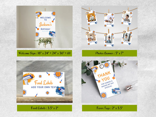 Dart Gun Birthday Party Invitation Bundle, Nerf Birthday Invitation Bundle, Dart Gun Party Pack Boy Birthday Decoration Template Bundle