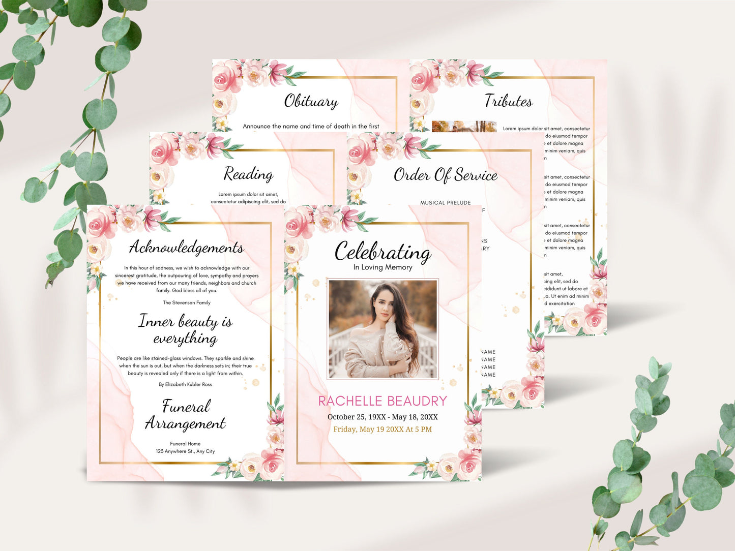 Editable Funeral Program Template, Obituary, Bi-Fold (Canva Template)