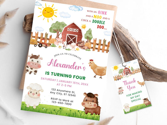 Farm Animals Birthday Invitation, Editable Barnyard Template (Digital Download)