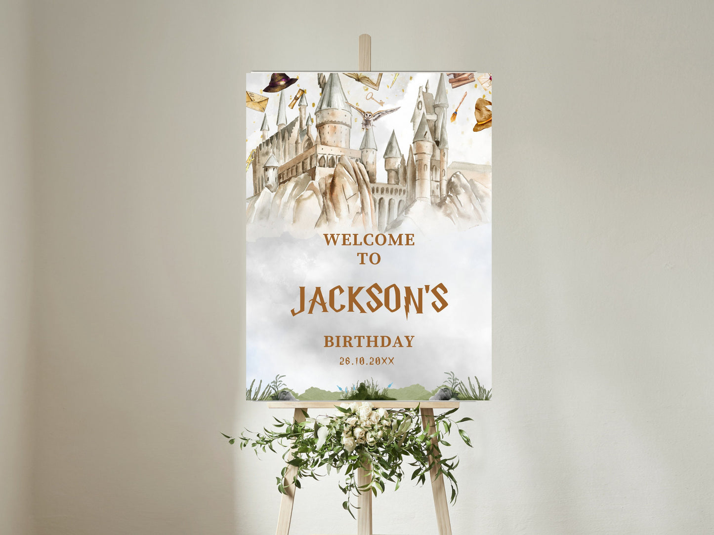 Zauberer-Geburtstagsparty-Set, bearbeitbare Einladung, Dekoration für die Zauberschule (Digitaler Download)