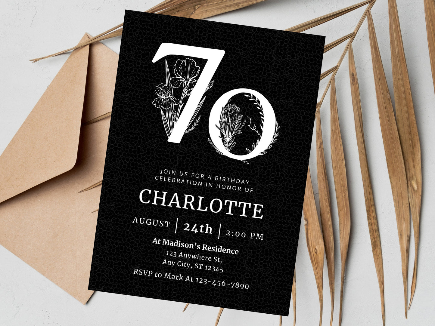 Elegant Floral 70th Birthday Invitation Template (Digital Download)