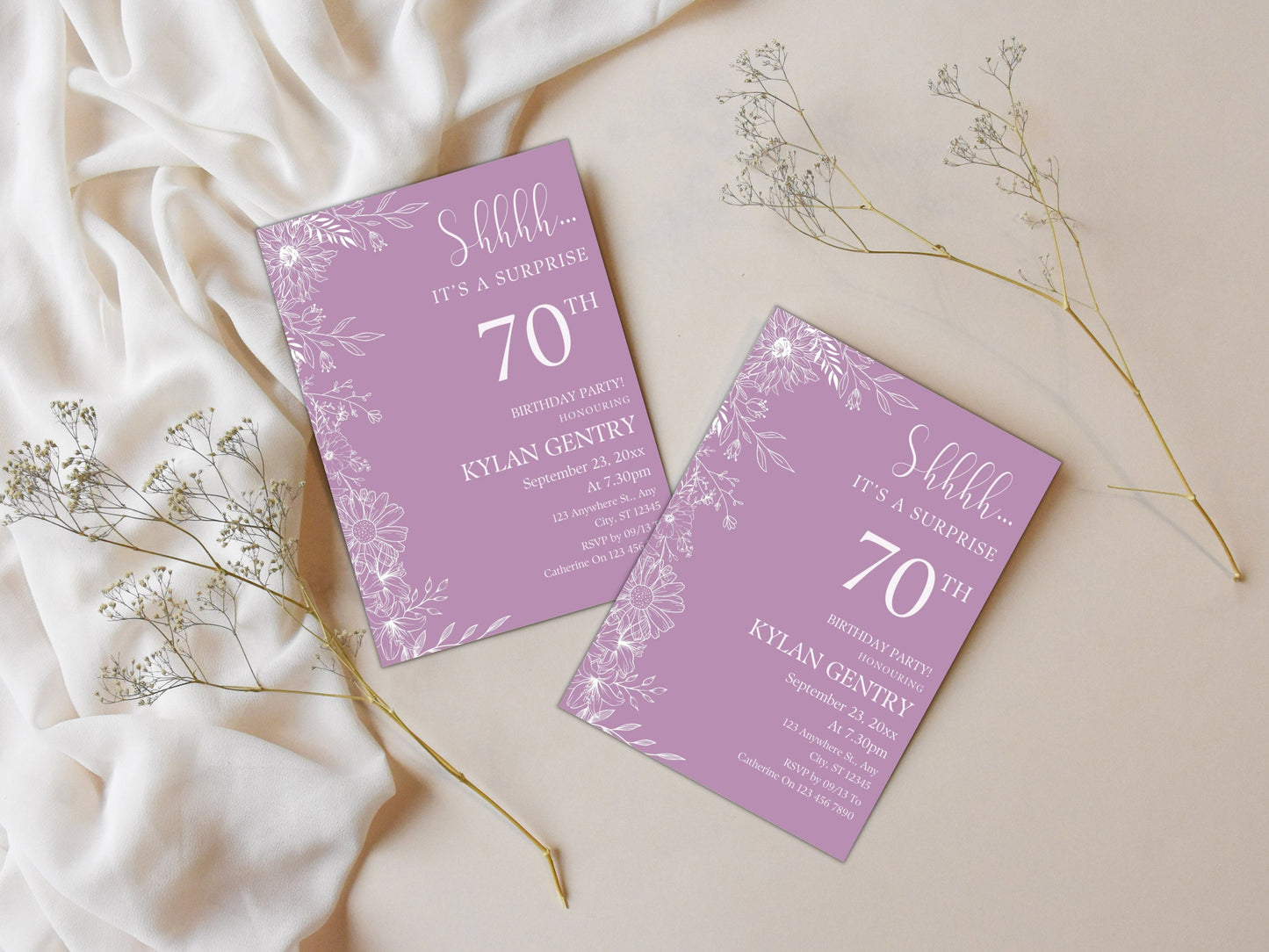 Floral 70th Birthday Invitation Template, Photo, Editable (Digital Download)