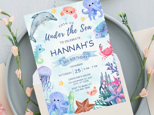 Under the Sea Birthday Invitation, Ocean Animals Party (Digital Download)