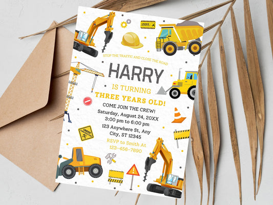 Construction Birthday Invitation Template, Editable Truck Party Invite (Digital Download)