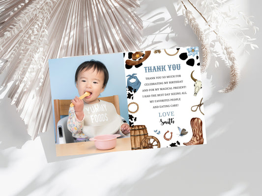 My First Rodeo Thank You Card With Photo, Editable Cowboy Birthday Template