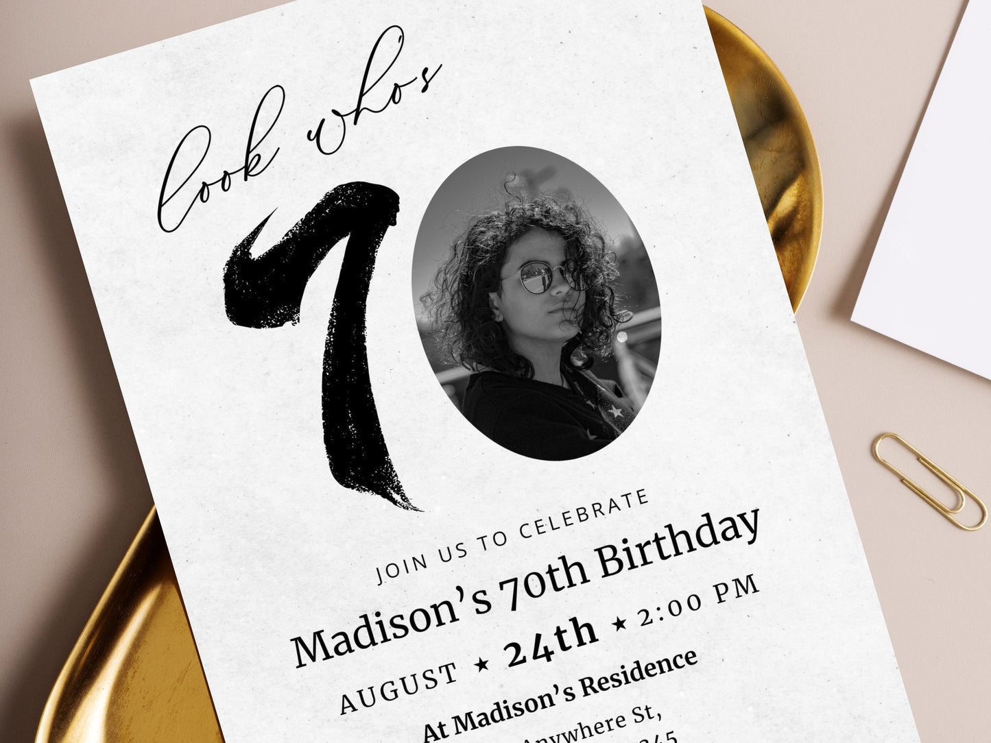 Modèle d'invitation pour un 70e anniversaire avec photo, modifiable et imprimable (5x7) (Téléchargement numérique)