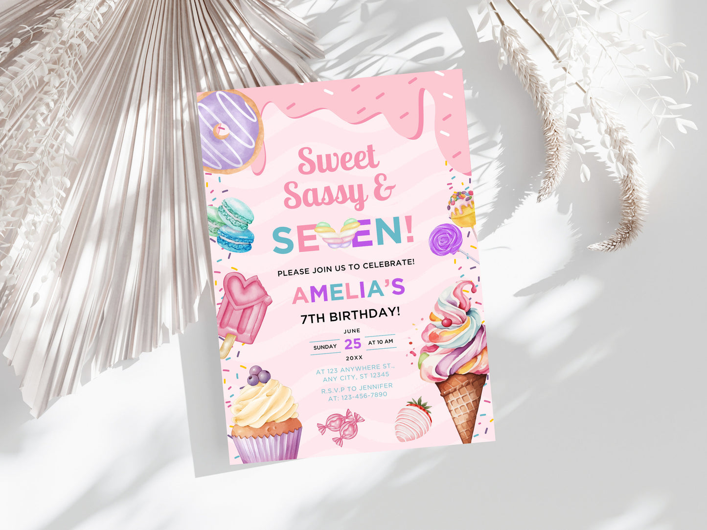 Sweet Sassy Seven Birthday Invitation, Ice Cream Party (Digital Download)