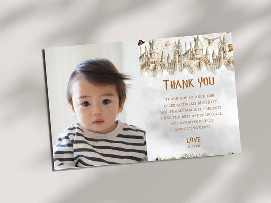 Editable Wizard Birthday Thank You Card with Photo (3x3.5 inch) (Digital Download)