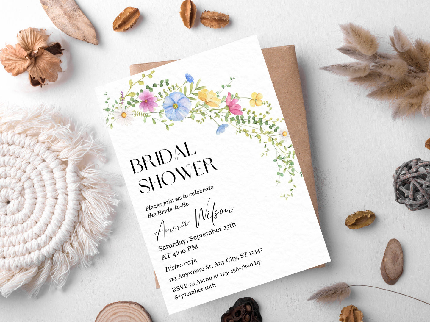 Editable Wildflower Bridal Shower Invitation, Boho Floral Template (Digital Download)