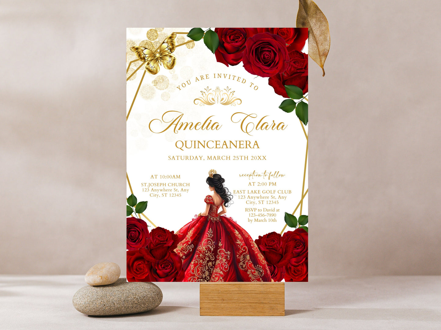 Burgundy Red Rose Quinceañera Invitation, Floral Gold Butterfly (Instant Download)