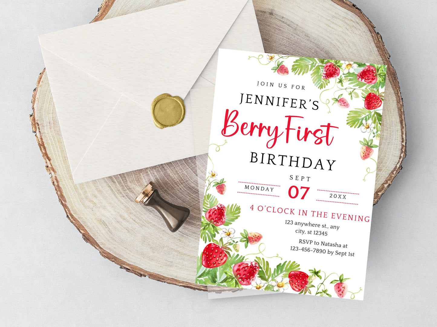 Vorlage für eine bearbeitbare Einladung zum ersten Geburtstag mit Erdbeermotiv (Digitaler Download)