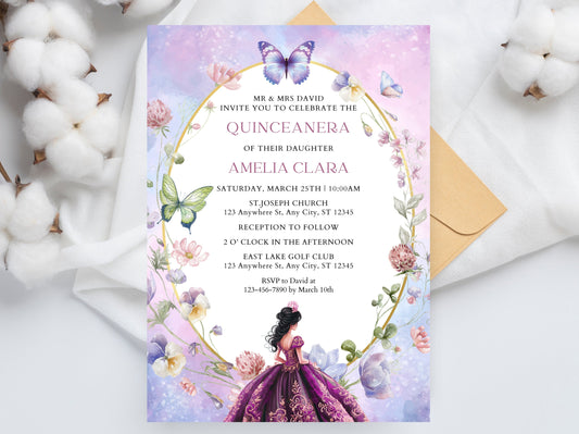 Lilac Purple Quinceañera Invitation Template, Gold Butterfly, Floral (Digital Download)