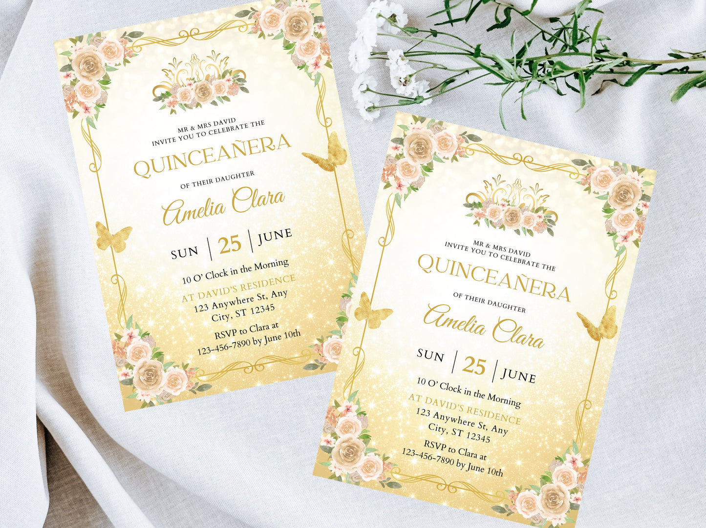 Editable Gold Butterfly Quinceañera Invitation Template, Sweet 16, Girl 15th Birthday Party Invite, Quinceanera Invitation, Instant Download