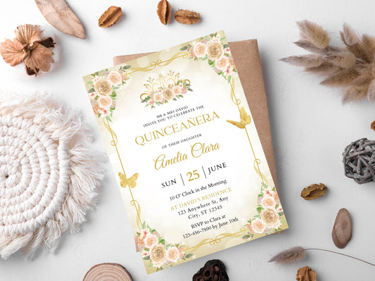 Quinceañera Invitation Template, Floral Miss Quince Anos, Gold Quinceanera Party Invite, Sweet 16, Girl 15th Birthday, Instant Download