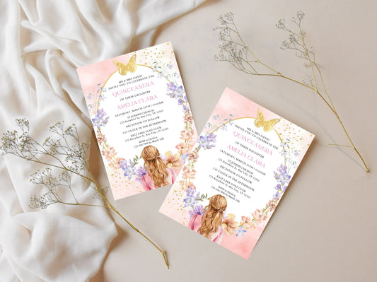 Blush Pink Quinceañera Invitation Template, Gold Butterfly, Floral (Digital Download)