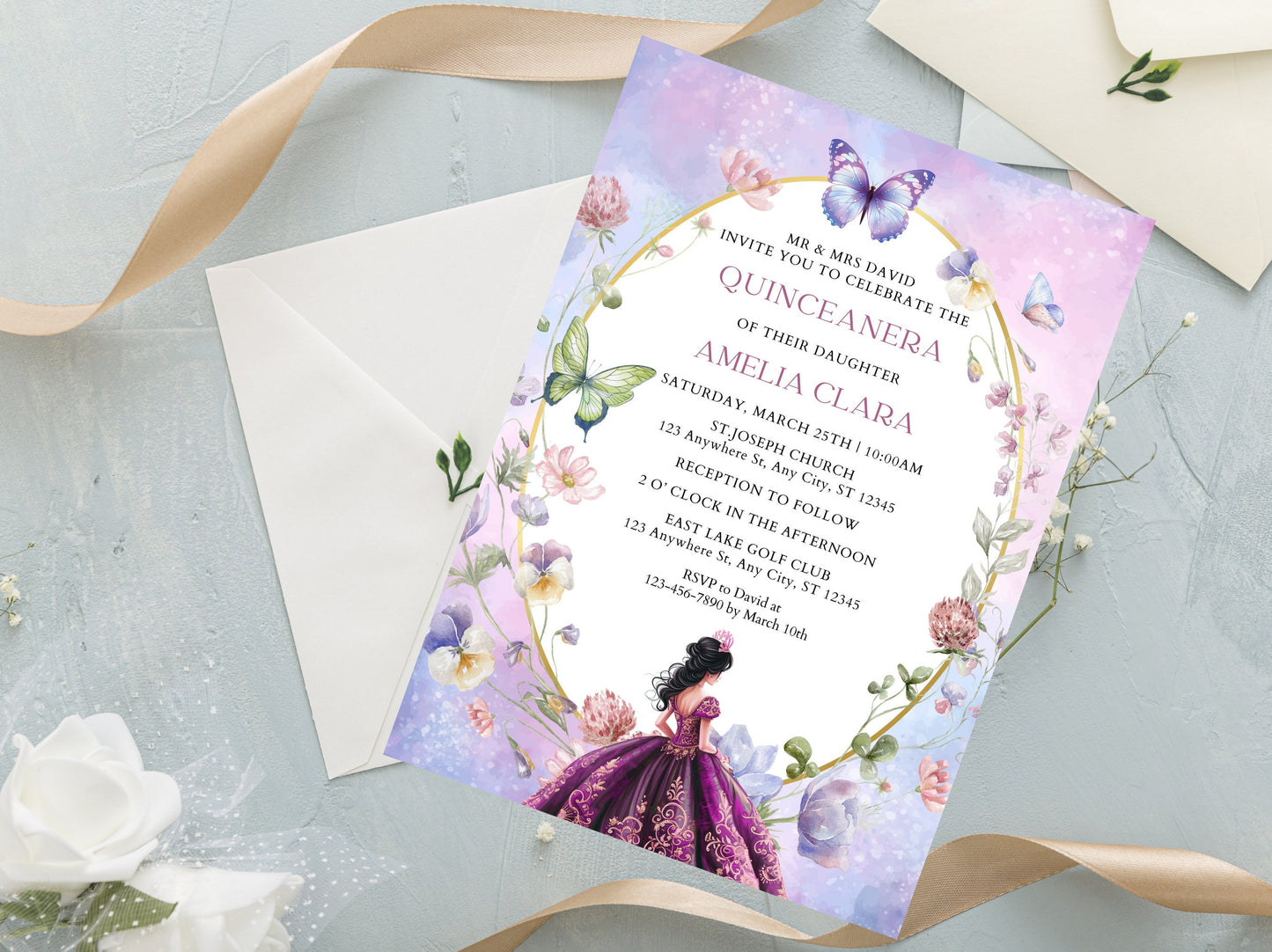 Lilac Purple Quinceañera Invitation Template, Gold Butterfly, Floral (Digital Download)