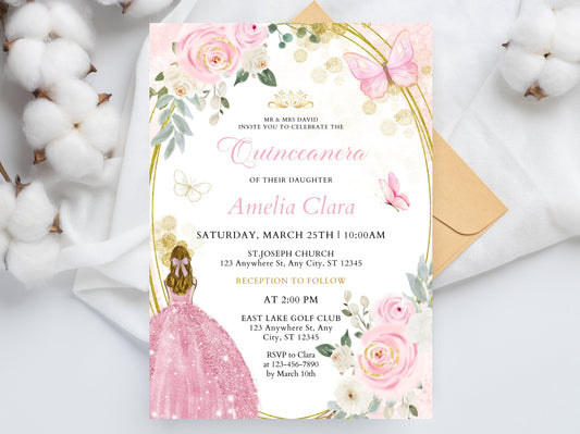 Editable Wildflower Quinceanera Invitation Template, Pink Floral (Digital Download)