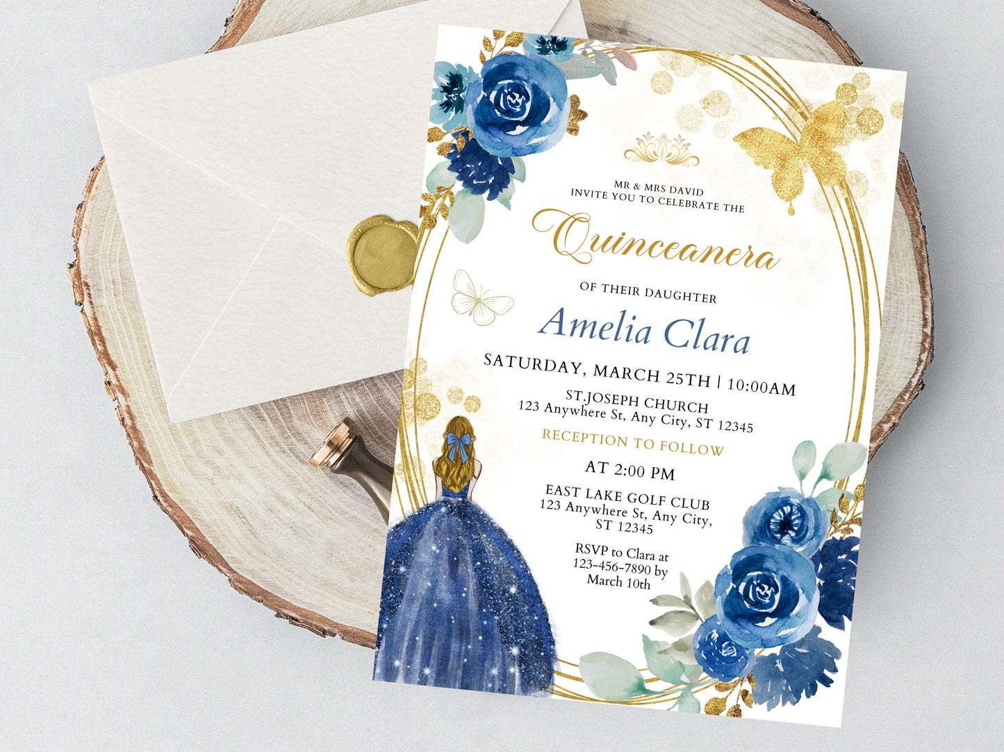 Editable Wildflower Quinceanera Invitation, Blue and Gold (Digital Download)